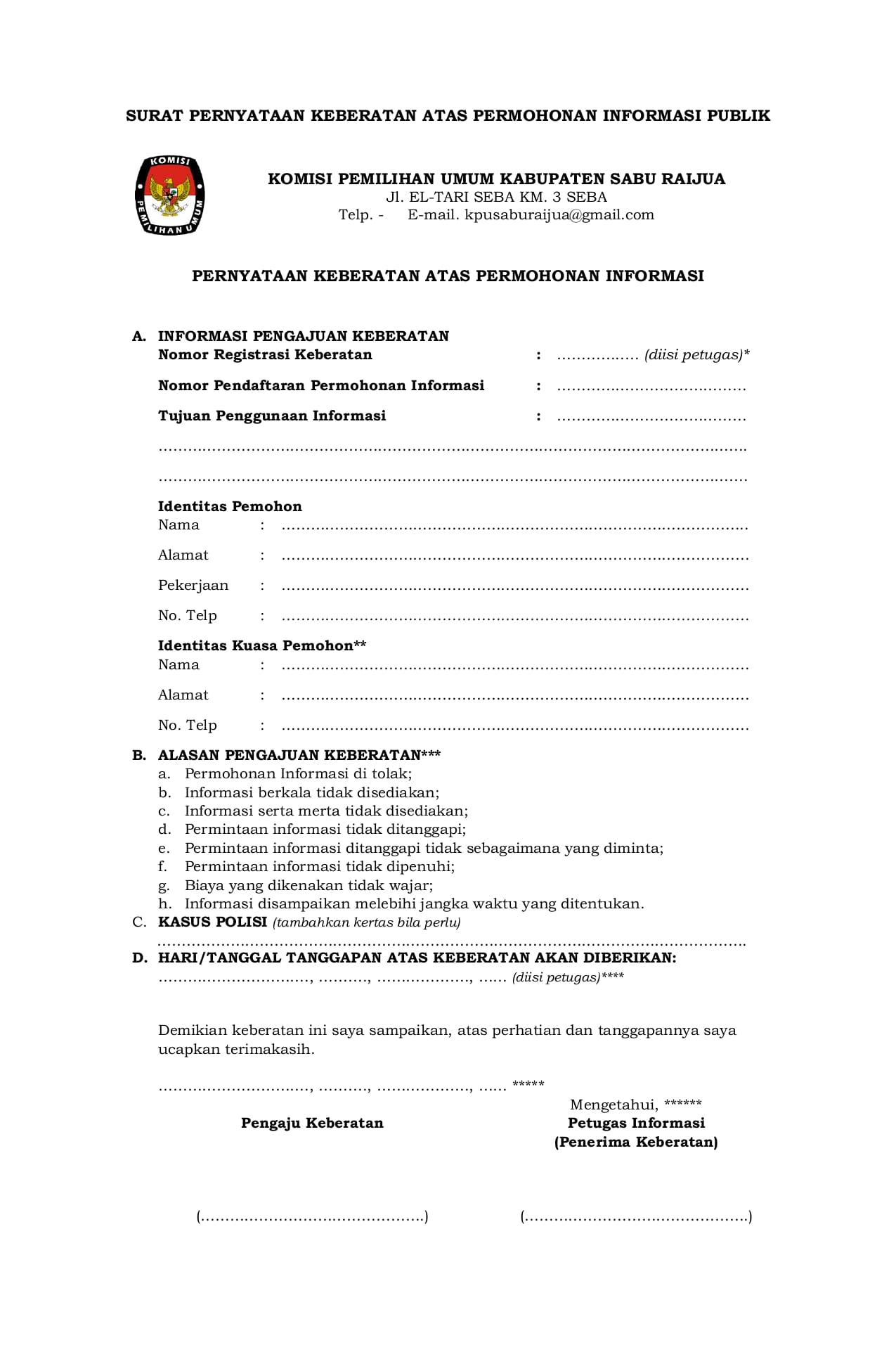 Formulir Keberatan dan Penolakan